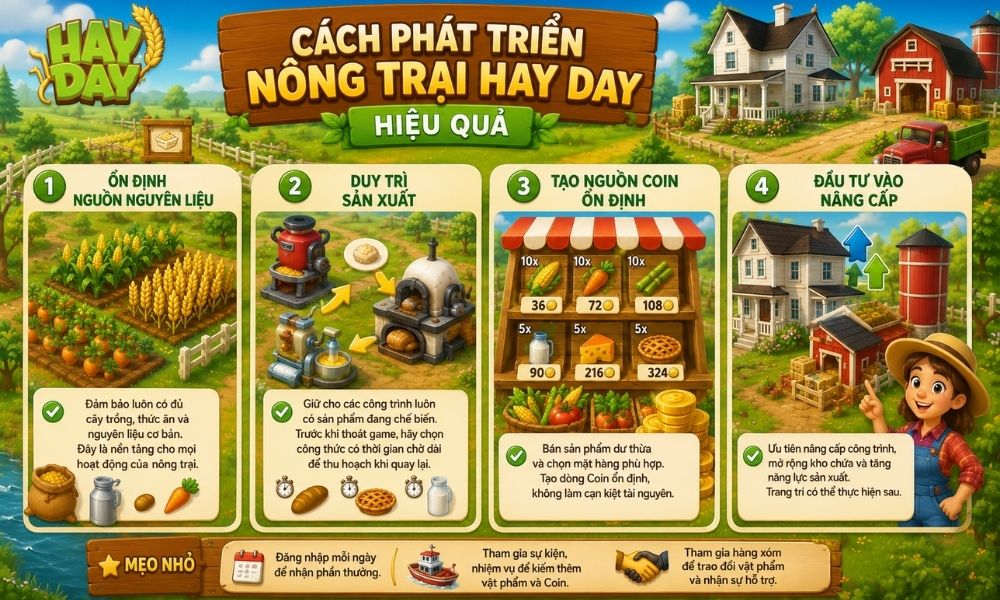 Cách phát triển nông trại Hay Day hiệu quả