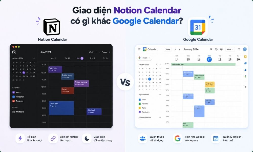 Giao diện Notion Calendar có gì khác Google Calendar?