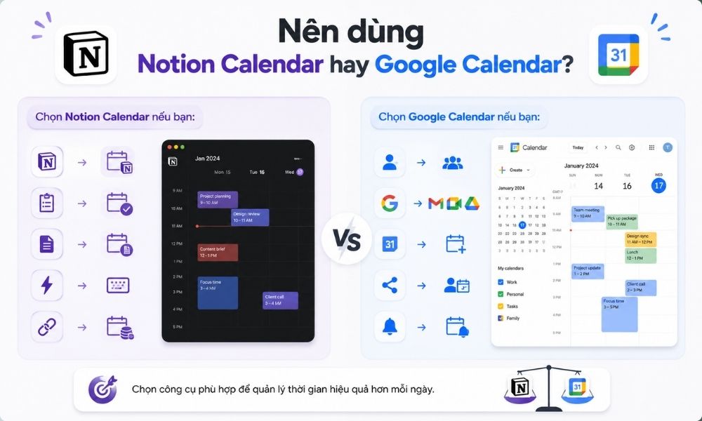 Nên dùng Notion Calendar hay Google Calendar?